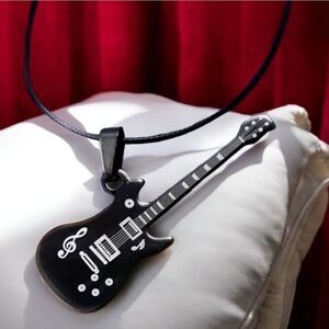 Guitar Pendant Guitarist Gift Player Black Corded Necklace Electric Bass Band